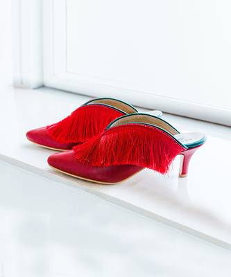 All Red Fringe Mules 1