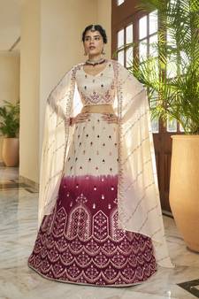 BEIGE MAROON THREAD AND SEQUINS EMBROIDERED WITH MIRROR WORK ART SILK FESTIVE & PARTY WEAR SEMI STITCHED LEHENGA