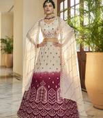 BEIGE MAROON THREAD AND SEQUINS EMBROIDERED WITH MIRROR WORK ART SILK FESTIVE & PARTY WEAR SEMI STITCHED LEHENGA