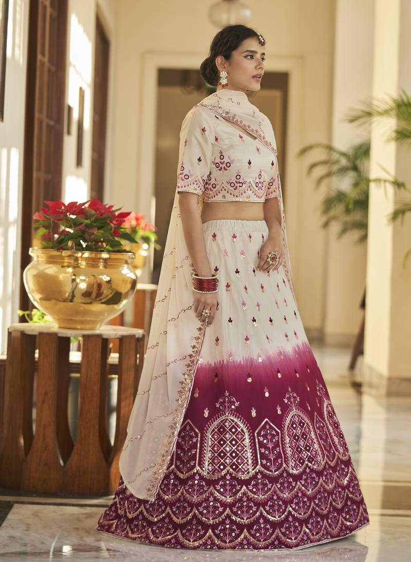 BEIGE MAROON THREAD AND SEQUINS EMBROIDERED WITH MIRROR WORK ART SILK FESTIVE & PARTY WEAR SEMI STITCHED LEHENGA