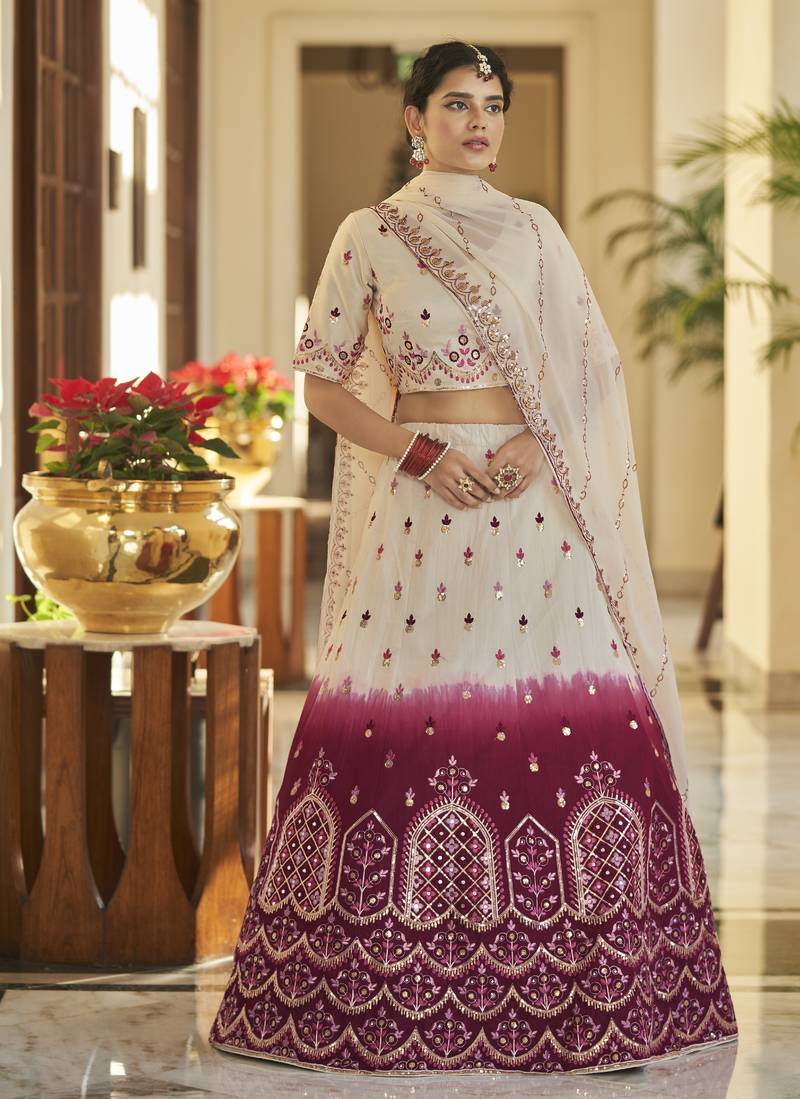 BEIGE MAROON THREAD AND SEQUINS EMBROIDERED WITH MIRROR WORK ART SILK FESTIVE & PARTY WEAR SEMI STITCHED LEHENGA