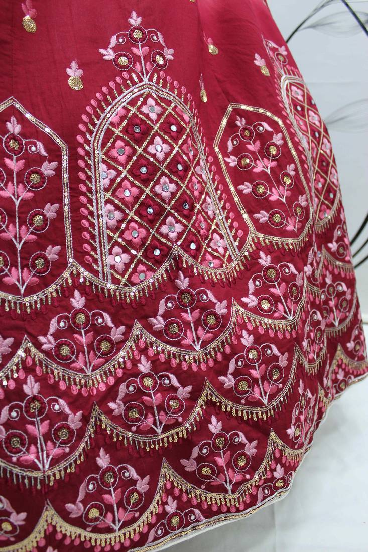 BEIGE MAROON THREAD AND SEQUINS EMBROIDERED WITH MIRROR WORK ART SILK FESTIVE & PARTY WEAR SEMI STITCHED LEHENGA