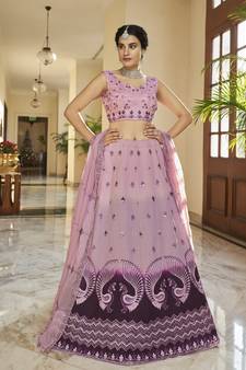 DUSTY PINK PURPLE THREAD AND SEQUINS EMBROIDERED WORK ART SILK FESTIVE & PARTY WEAR SEMI STITCHED LEHENGA