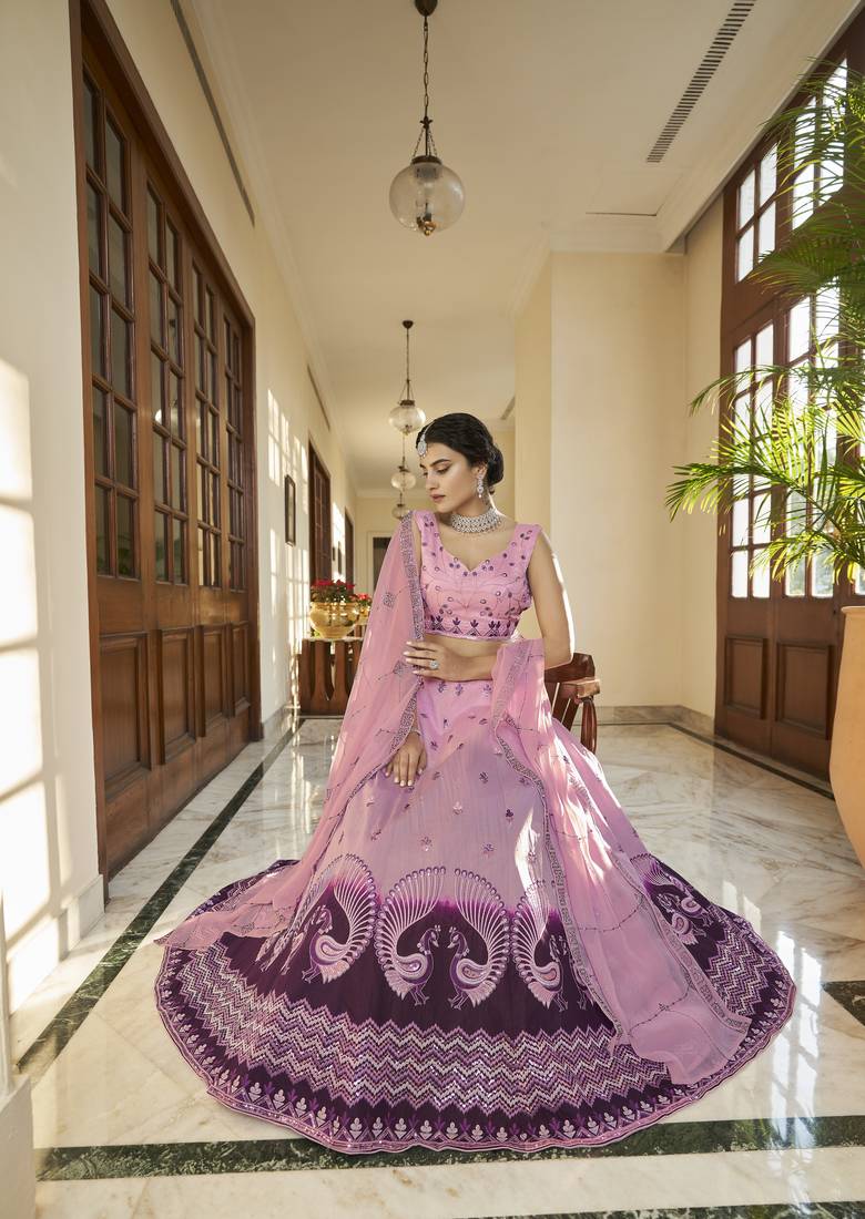 DUSTY PINK PURPLE THREAD AND SEQUINS EMBROIDERED WORK ART SILK FESTIVE & PARTY WEAR SEMI STITCHED LEHENGA