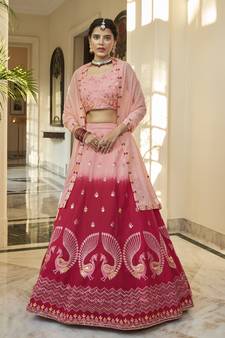 PEACH DEEP PINK THREAD AND SEQUINS EMBROIDERED WORK ART SILK FESTIVE & PARTY WEAR SEMI STITCHED LEHENGA