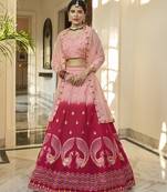 PEACH DEEP PINK THREAD AND SEQUINS EMBROIDERED WORK ART SILK FESTIVE & PARTY WEAR SEMI STITCHED LEHENGA