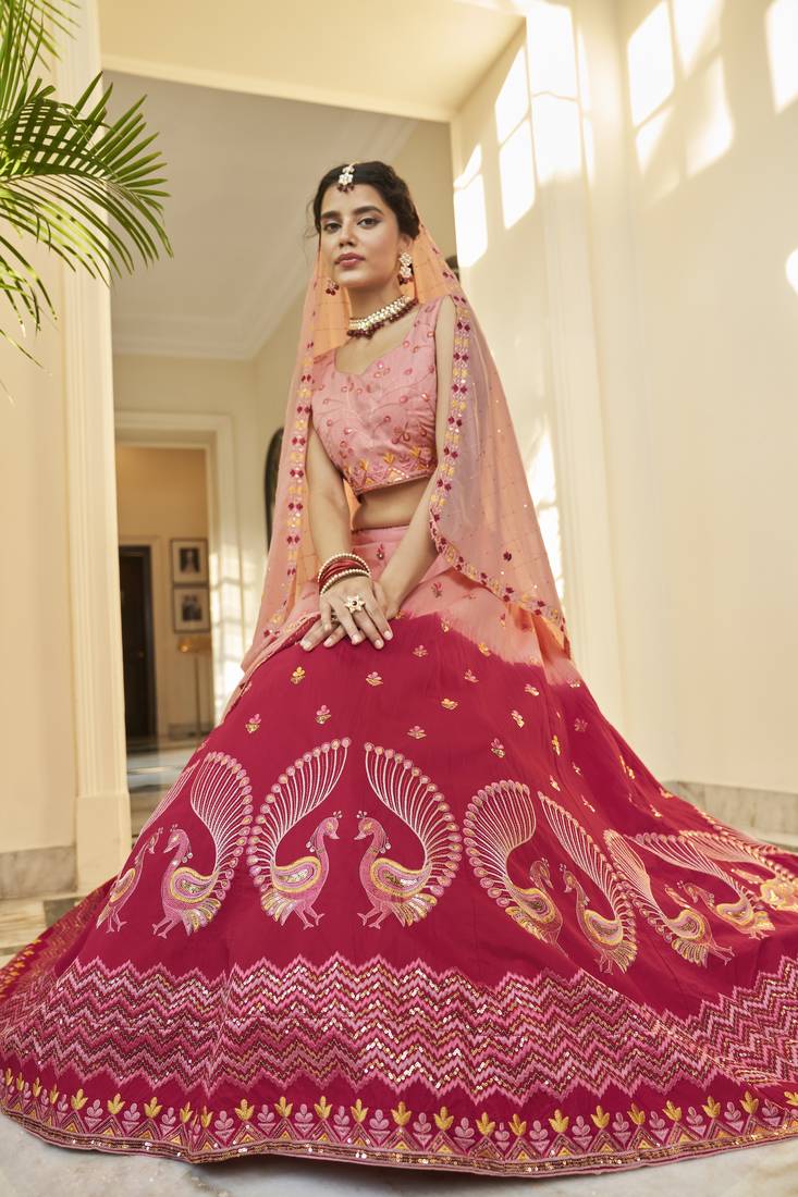 PEACH DEEP PINK THREAD AND SEQUINS EMBROIDERED WORK ART SILK FESTIVE & PARTY WEAR SEMI STITCHED LEHENGA