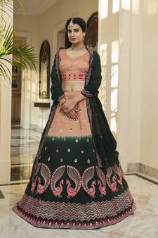 RUST ORANGE GREEN THREAD AND SEQUINS EMBROIDERED WORK ART SILK FESTIVE & PARTY WEAR SEMI STITCHED LEHENGA
