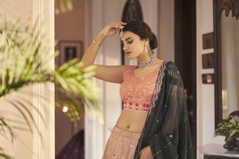 RUST ORANGE GREEN THREAD AND SEQUINS EMBROIDERED WORK ART SILK FESTIVE & PARTY WEAR SEMI STITCHED LEHENGA