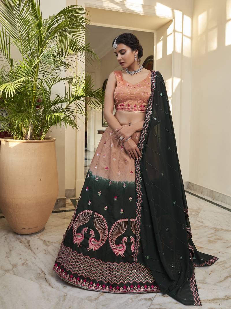 RUST ORANGE GREEN THREAD AND SEQUINS EMBROIDERED WORK ART SILK FESTIVE & PARTY WEAR SEMI STITCHED LEHENGA
