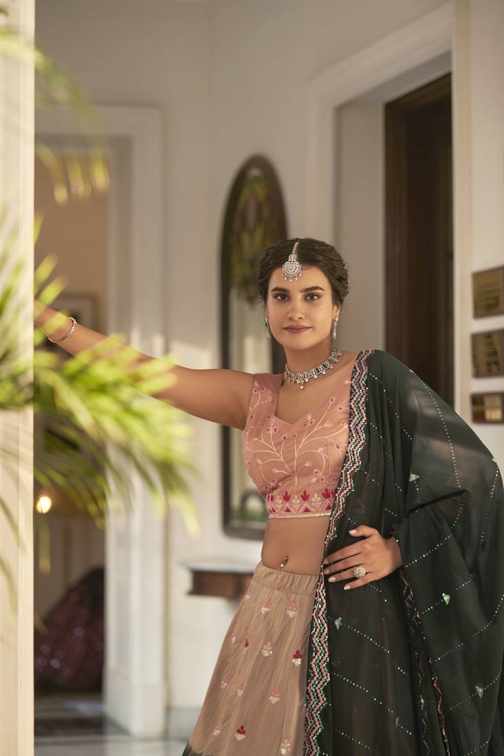 RUST ORANGE GREEN THREAD AND SEQUINS EMBROIDERED WORK ART SILK FESTIVE & PARTY WEAR SEMI STITCHED LEHENGA