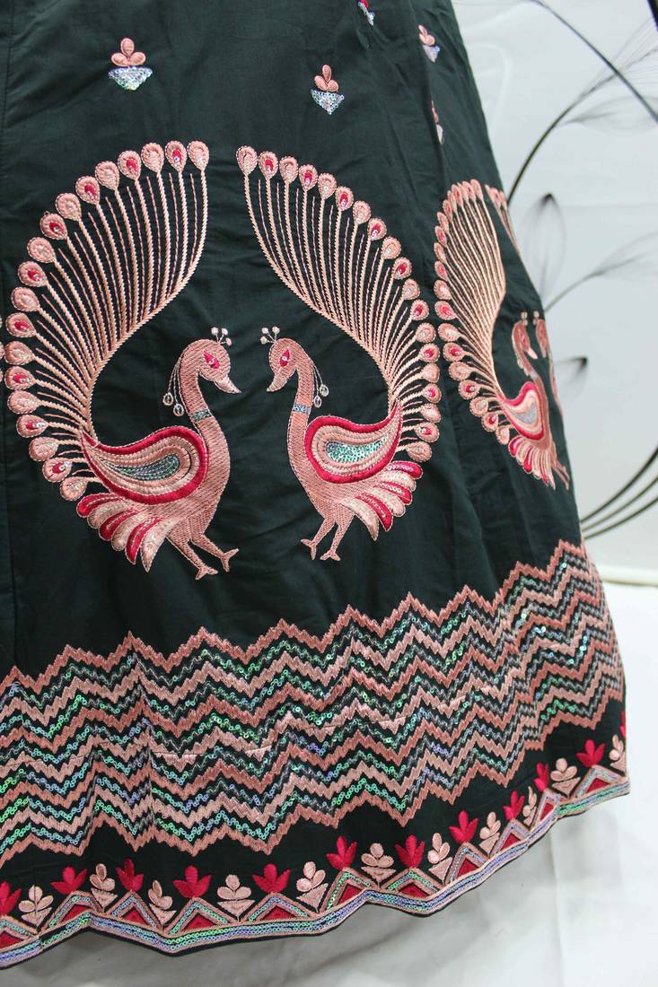 RUST ORANGE GREEN THREAD AND SEQUINS EMBROIDERED WORK ART SILK FESTIVE & PARTY WEAR SEMI STITCHED LEHENGA