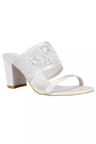 Sole Stories_Embellished Block Heels In White
