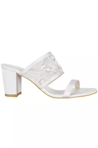 Sole Stories_Embellished Block Heels In White