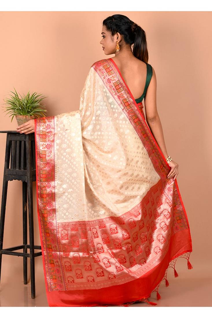 Cream Kora Silk Saree With Blouse Piece