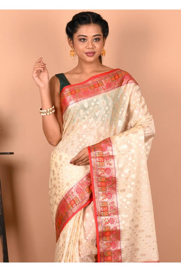 Cream Kora Silk Saree With Blouse Piece
