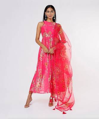 Hot Pink Halter Neck Anarkali Set 1