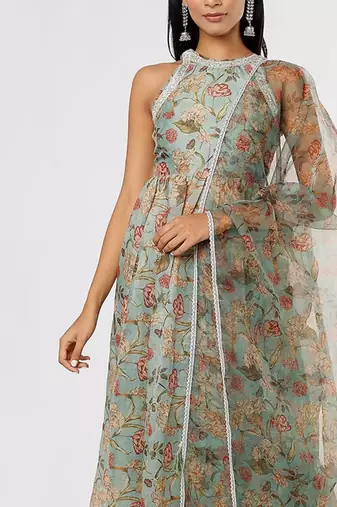 Green Halter Neck Anarkali Set