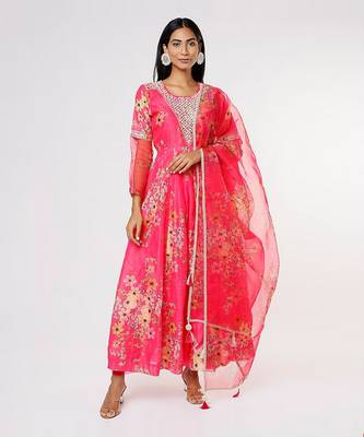 Hot Pink Chanderi Anarkali Set 1
