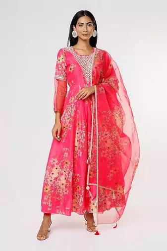 Hot Pink Chanderi Anarkali Set
