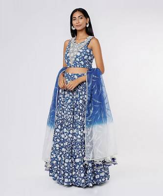 Ivory & Blue Block Printed Lehenga Set 1