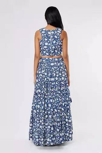 Ivory & Blue Block Printed Lehenga Set
