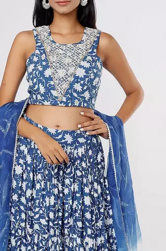 Ivory & Blue Block Printed Lehenga Set