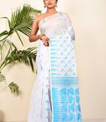 White And Aqua Green Tant Cotton Woven Saree Without blouse Piece