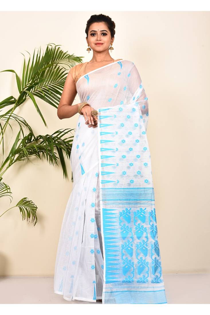 White And Aqua Green Tant Cotton Woven Saree Without blouse Piece