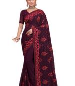 Wine Embroidered Georgette Saree With Blouse