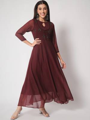 ARDITA Women Wine Chiffon Embroidered Ethnic Dress with Lace Detailing 1