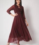 ARDITA Women Wine Chiffon Embroidered Ethnic Dress with Lace Detailing