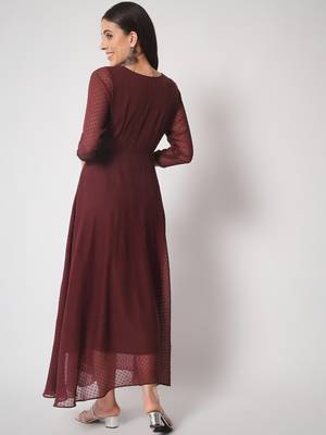 ARDITA Women Wine Chiffon Embroidered Ethnic Dress with Lace Detailing 2