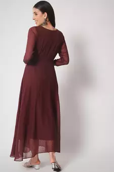 ARDITA Women Wine Chiffon Embroidered Ethnic Dress with Lace Detailing