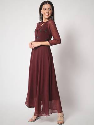ARDITA Women Wine Chiffon Embroidered Ethnic Dress with Lace Detailing 3
