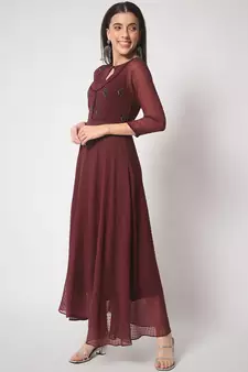 ARDITA Women Wine Chiffon Embroidered Ethnic Dress with Lace Detailing