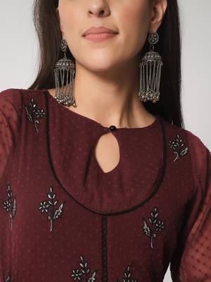 ARDITA Women Wine Chiffon Embroidered Ethnic Dress with Lace Detailing 4