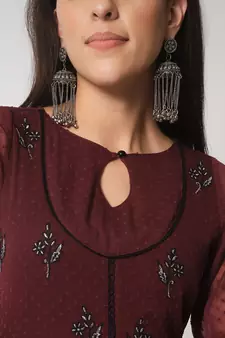 ARDITA Women Wine Chiffon Embroidered Ethnic Dress with Lace Detailing