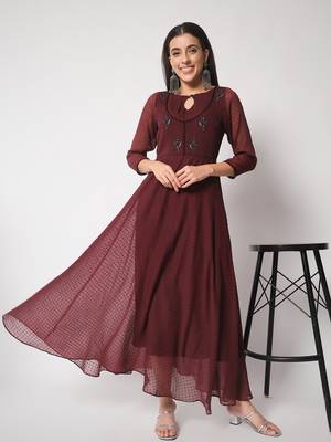 ARDITA Women Wine Chiffon Embroidered Ethnic Dress with Lace Detailing 5