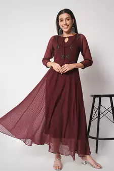 ARDITA Women Wine Chiffon Embroidered Ethnic Dress with Lace Detailing