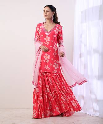 Hot Pink Tiered Sharara Set (Set Of 3) 1