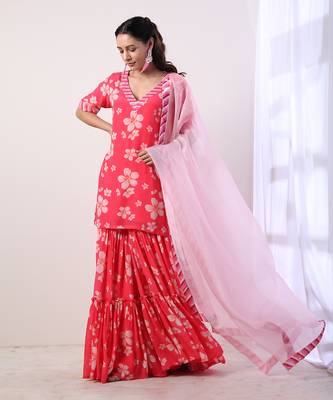Hot Pink Tiered Sharara Set (Set Of 3) 2