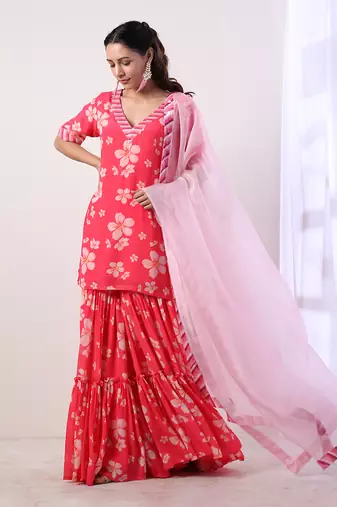 Hot Pink Tiered Sharara Set (Set Of 3)