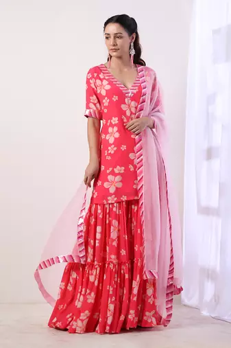 Hot Pink Tiered Sharara Set (Set Of 3)