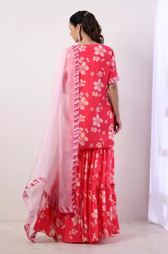 Hot Pink Tiered Sharara Set (Set Of 3)