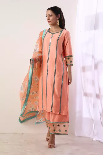 Coral Kurta Set With Organza Dupatta (Set Of 3)