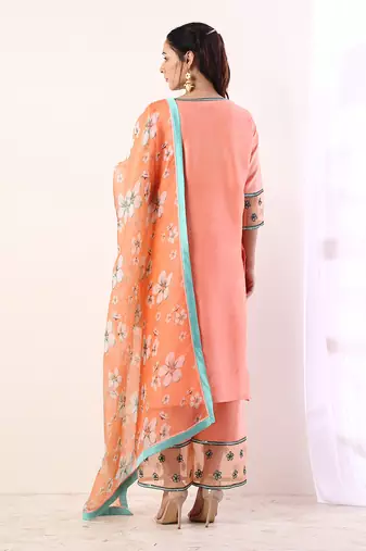 Coral Kurta Set With Organza Dupatta (Set Of 3)