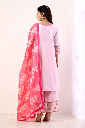 Baby Pink Kurta Set With Organza Dupatta (Set Of 3)