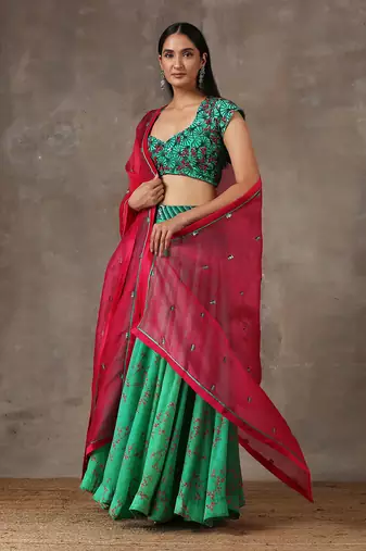 Green Printed Lehenga Set With Heavy Dupatta