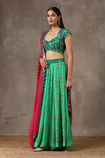 Green Printed Lehenga Set With Heavy Dupatta